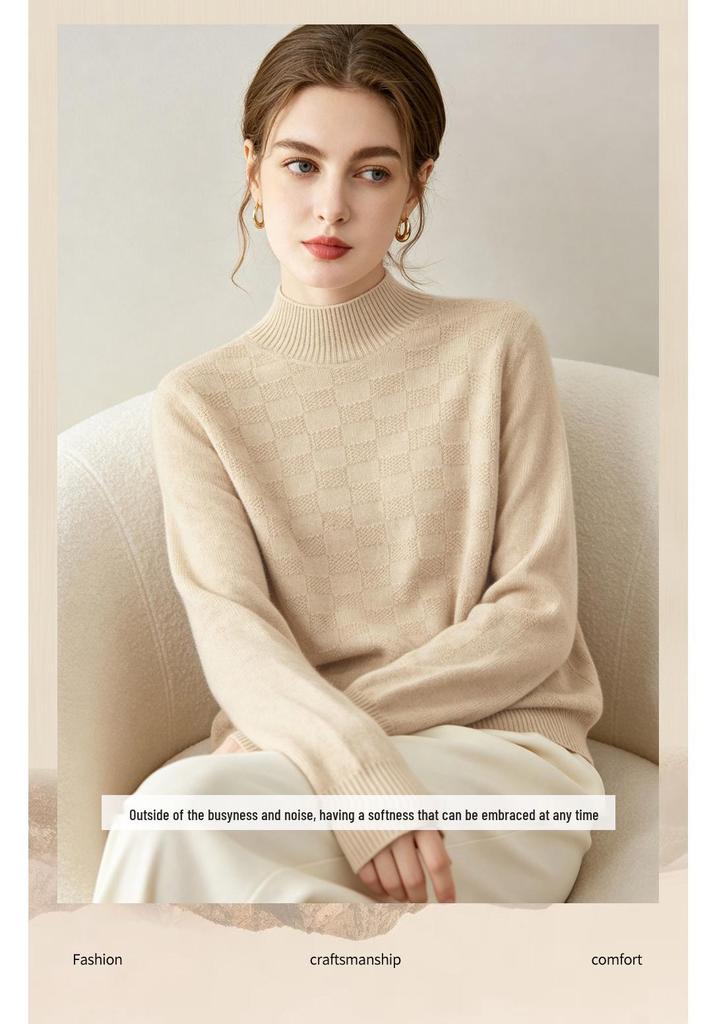 Lekasha Women's High Neck Waffle Knit 100% Pure Cashmere Sweater - Long Sleeve, Autumn/Winter