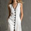 European and American new linen black edge contrasting color temperament single-breasted split-ended sleeveless holiday dress