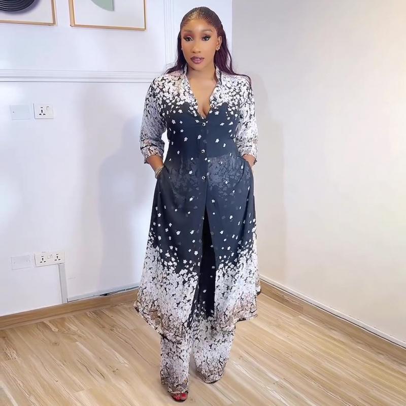 Women's 2026 Spring New Elegant Printed Shirt and Wide-Leg Pants Set