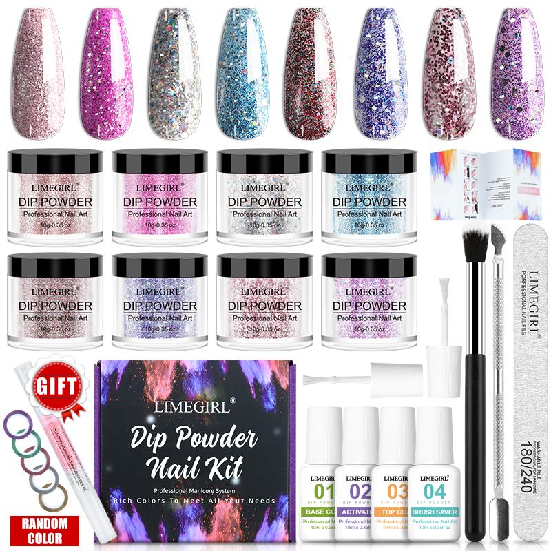 Limegirl Dipping Nail Powder Set No Need Lamp Cure Nail Color Iridescent Glitter Natural Dry Dip Nail Decoration Kit French Nail