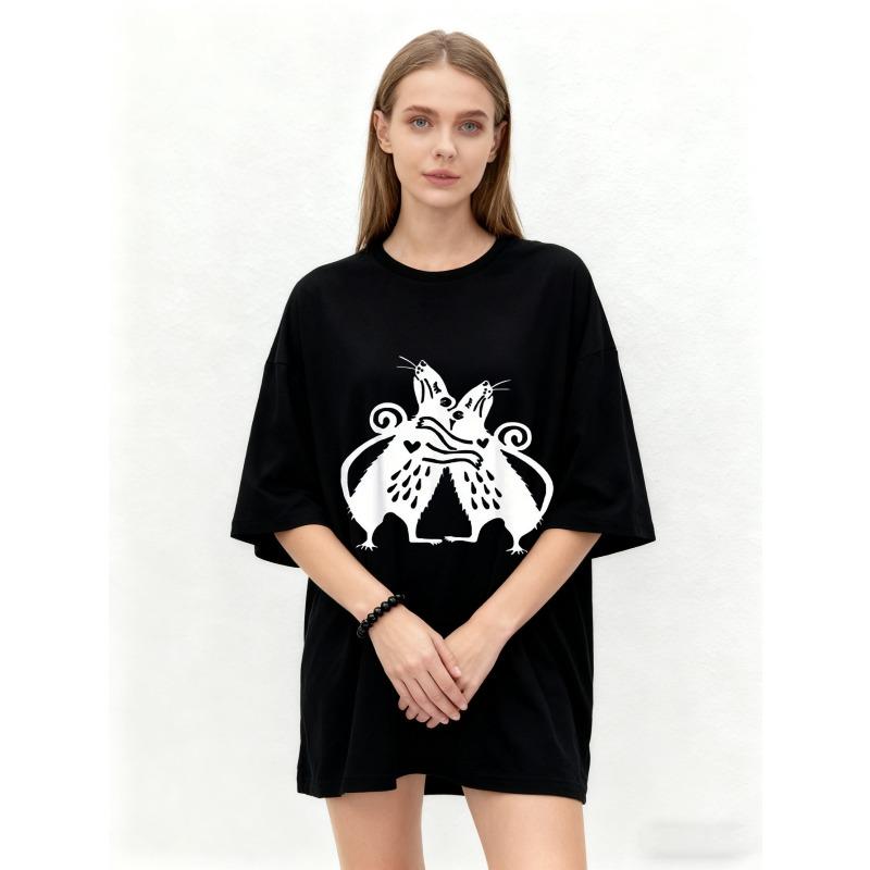 Oversized T Shirt Black Rat Couple Print Graphic Tee Casual Streetwear Fashion Top for Women