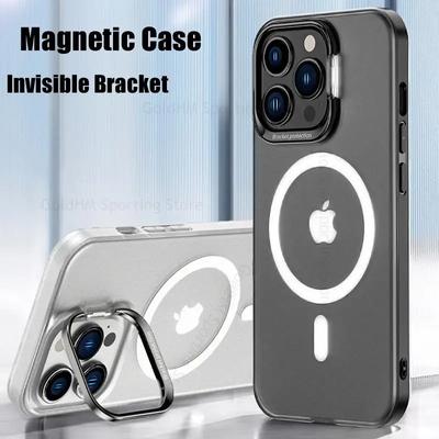 Para Magsafe Kickstand Case para iPhone 16 Pro Max Carregador sem fio Magsafe Cover para Apple 15 14 13 12 16 Pro Suporte invisível Flip Lens Stand Cover