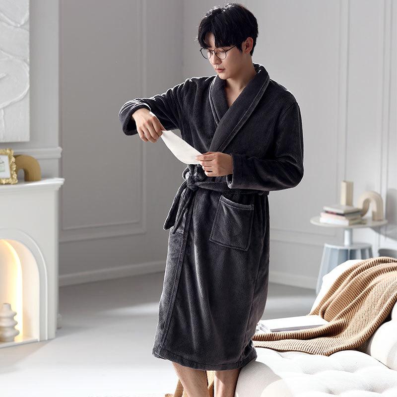 Nightgown Men'S Winter Coral Fleece Thickened Fleece Autumn And Winter Robe Men'S Pajamas Winter Flannel Long Bathrobe