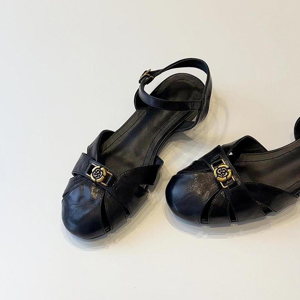 Soft Leather Version~ New French Hollow One-word Sandals Women's Round Head Versatile Retro Camellia Roman Shoes