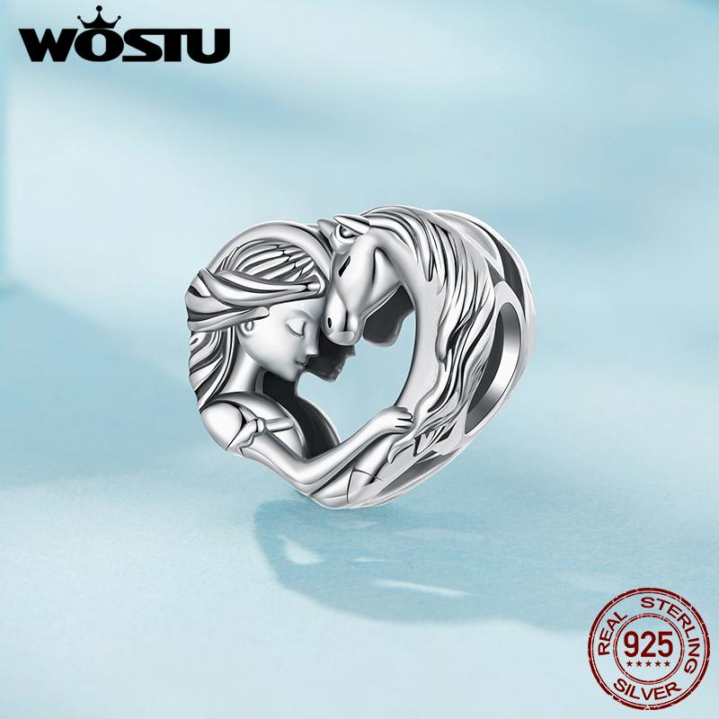 WOSTU 925 Sterling Silver Dog Charm Heart Animal Bead Black Boston Terrier Dachshund Pendant Fit DIY Bracelet Gift For Pet Lover