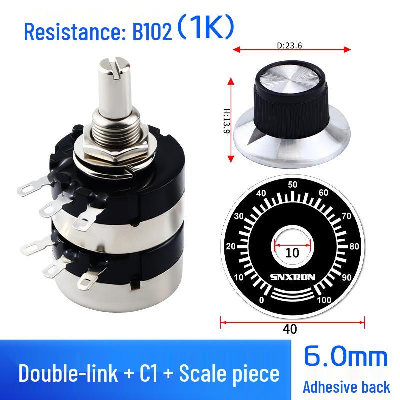 Dual-Gang Carbon Film Potentiometer: RV24YG20S, Variable Frequency Speed Control with B102/202/502 Knob Scale, Available In 5K/20K Ohm.