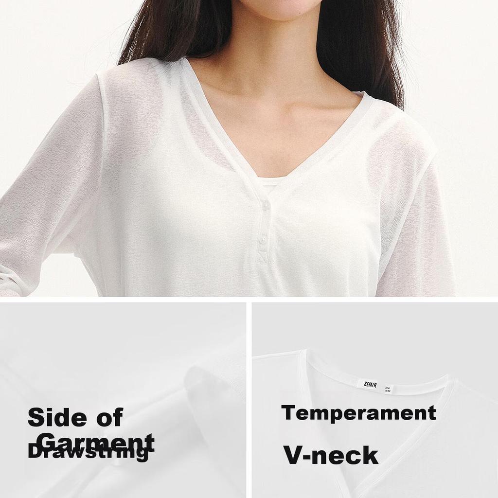 Semir Women's Long Sleeve Summer V-Neck Solid Color Linen-Like Loose Drawstring Blouse 2026 Gentle Top