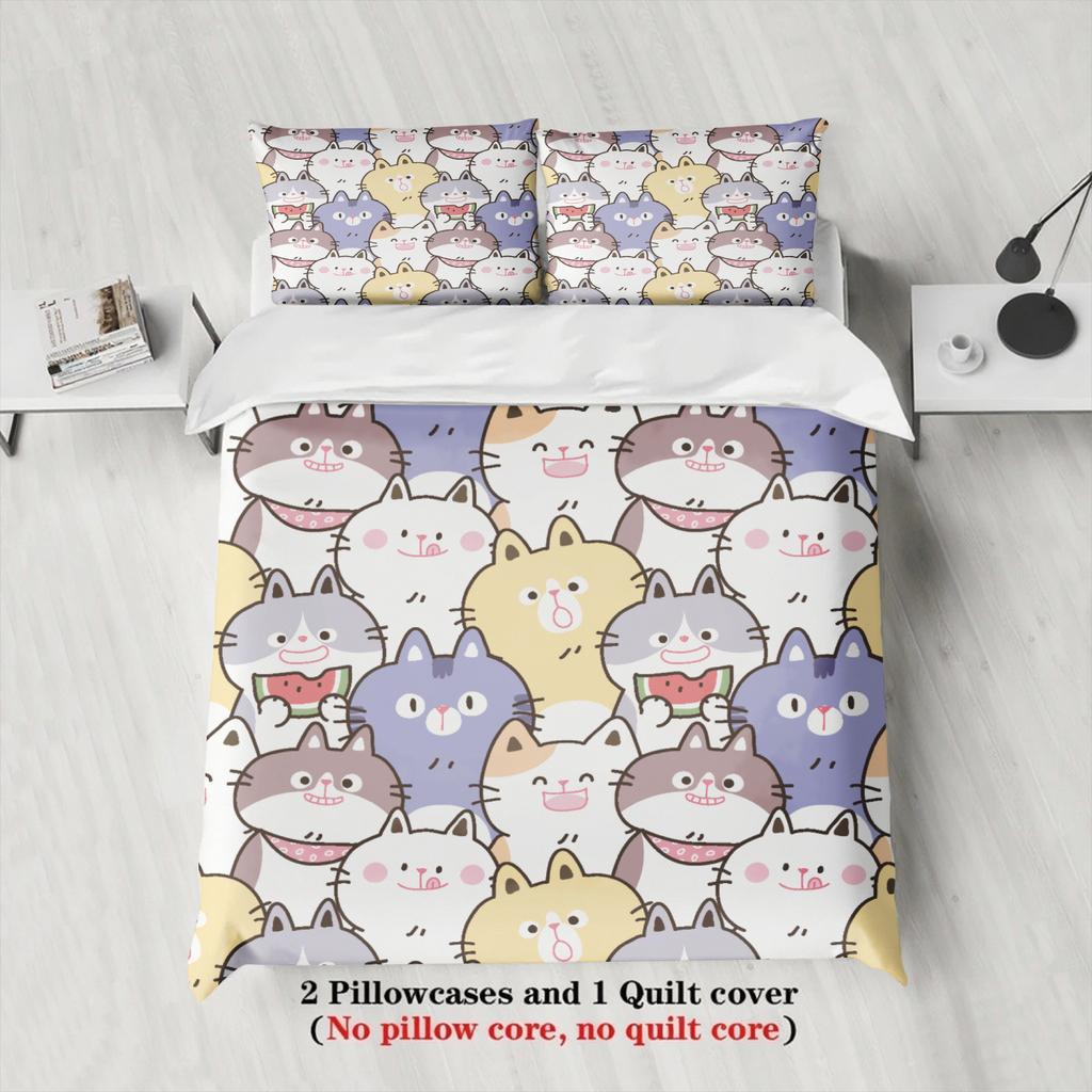 3pcs Cat Pattern Bedding Sets 3D Printed Cute Cartoon Cat Dormitory Twin Size For Students Duvet Cover Sets With 2Pillowcases