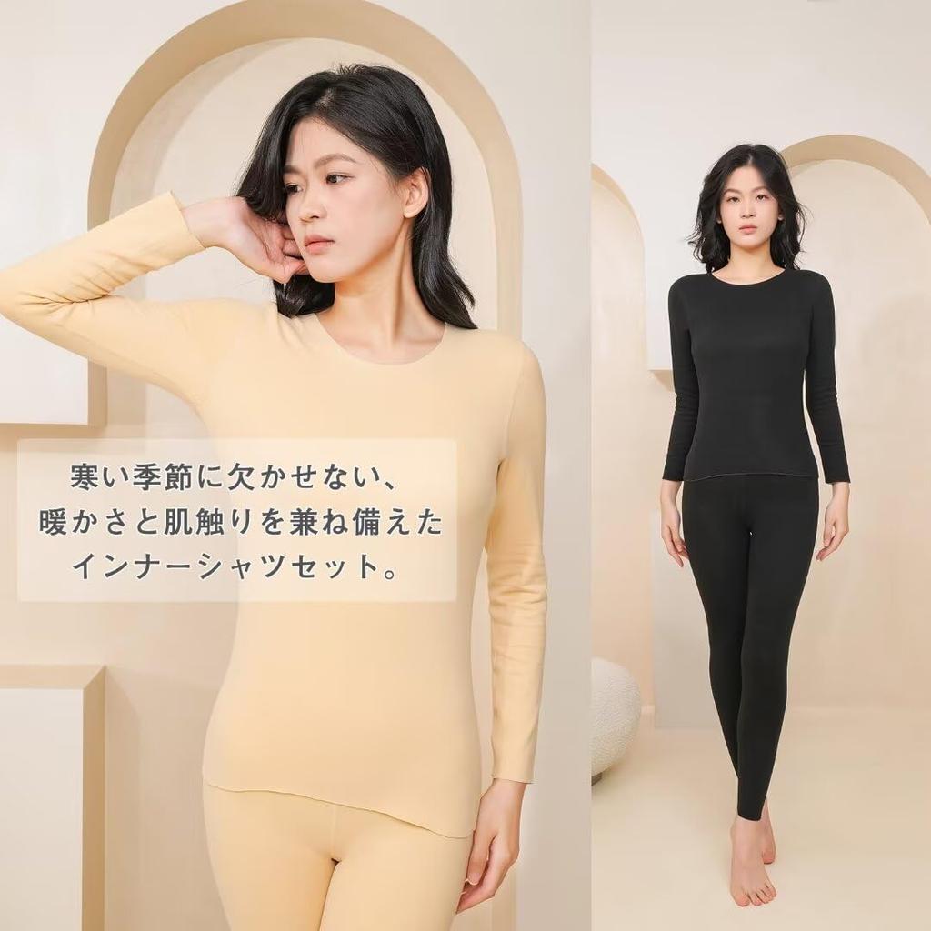 Warm Crew Neck Undershirt and Tights Breathable and Made with Delon and Long and Long Undershirts [Jzozuxvv] Women's Set, Heattech, Warm, Fiber,