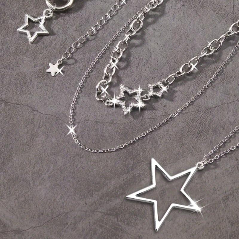 Trendy Y2K Star Pendant Necklace Vintage Goth Simple Multi Layered Metal Chain Necklace Women Charm Statement Jewelry Gifts