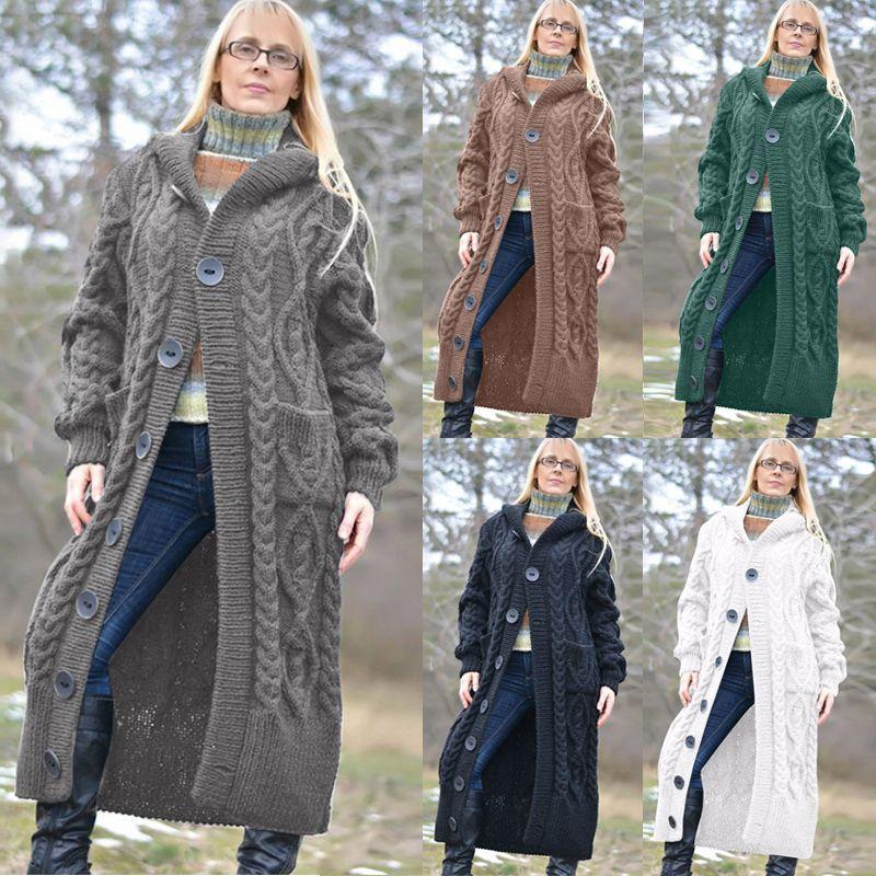 Knit Singlebreasted Womens Sweater Coat Hooded Button Tops Fashion Jacket Long