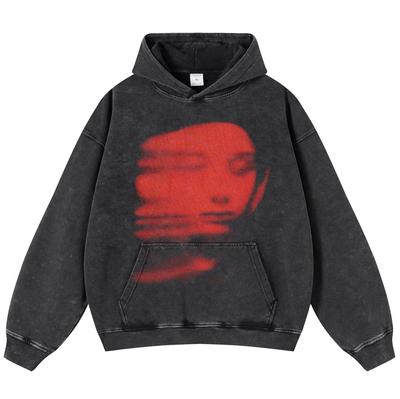 Streetwear Retro Red Face Graphic Unisex Washed Black Oversized Unisex Long Sleeve Hoodie Pullover