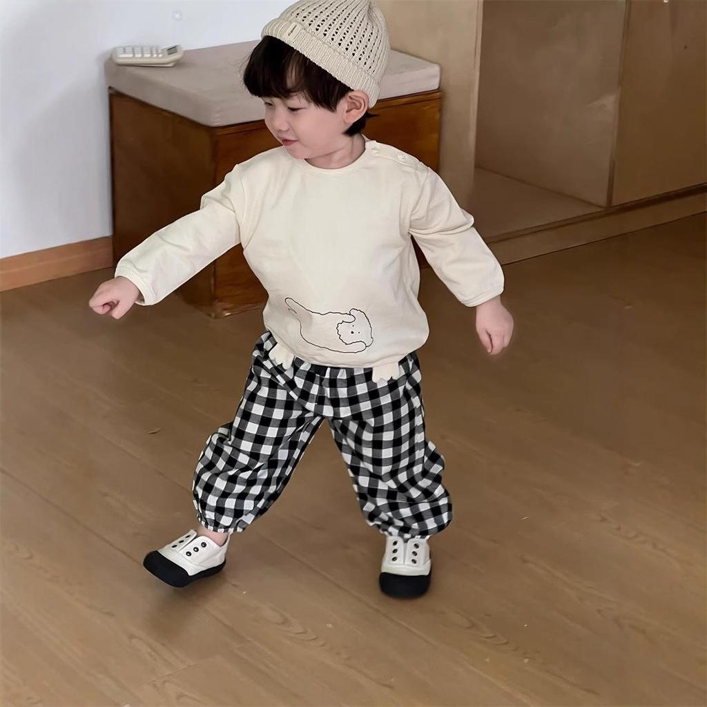 2025 Autumn Kids' Korean Style Boys' Printed Long-Sleeve T-Shirt & Plaid Pants Set