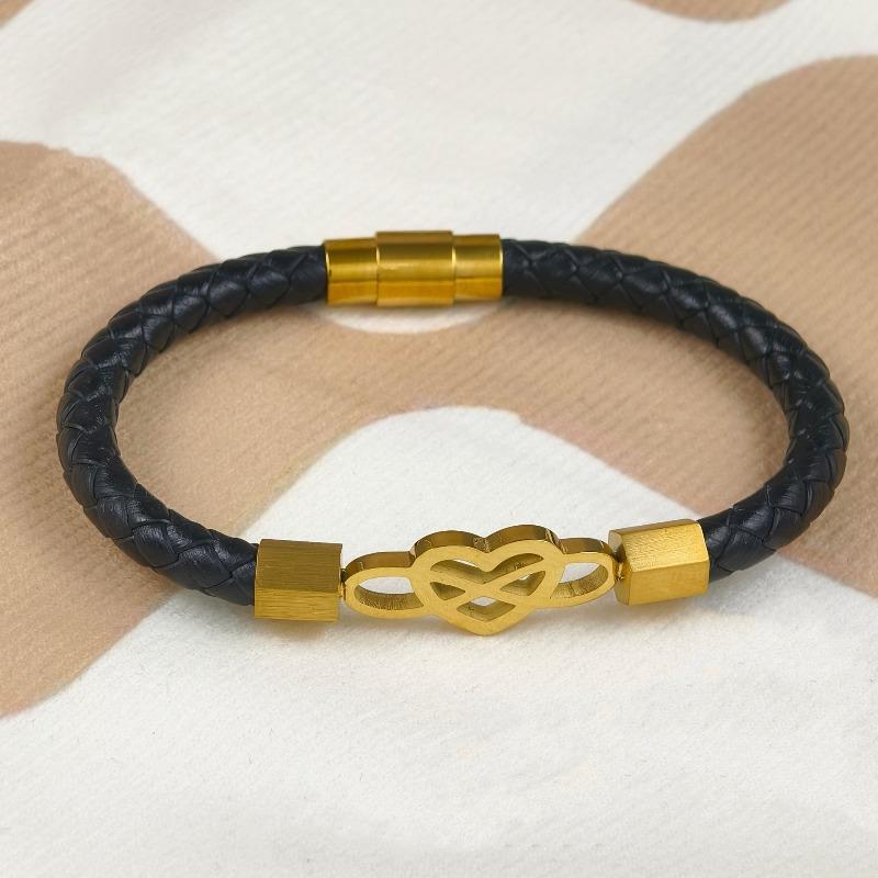 

Meier Stainless steel figure-eight heart bangle with leather cord braided bracelet 20.5CM