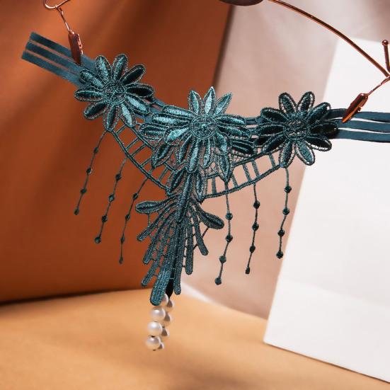 Women G-string Flower Embroidery Tassel Solid Color Hollow Out Faux Pearl Decor Spaghetti