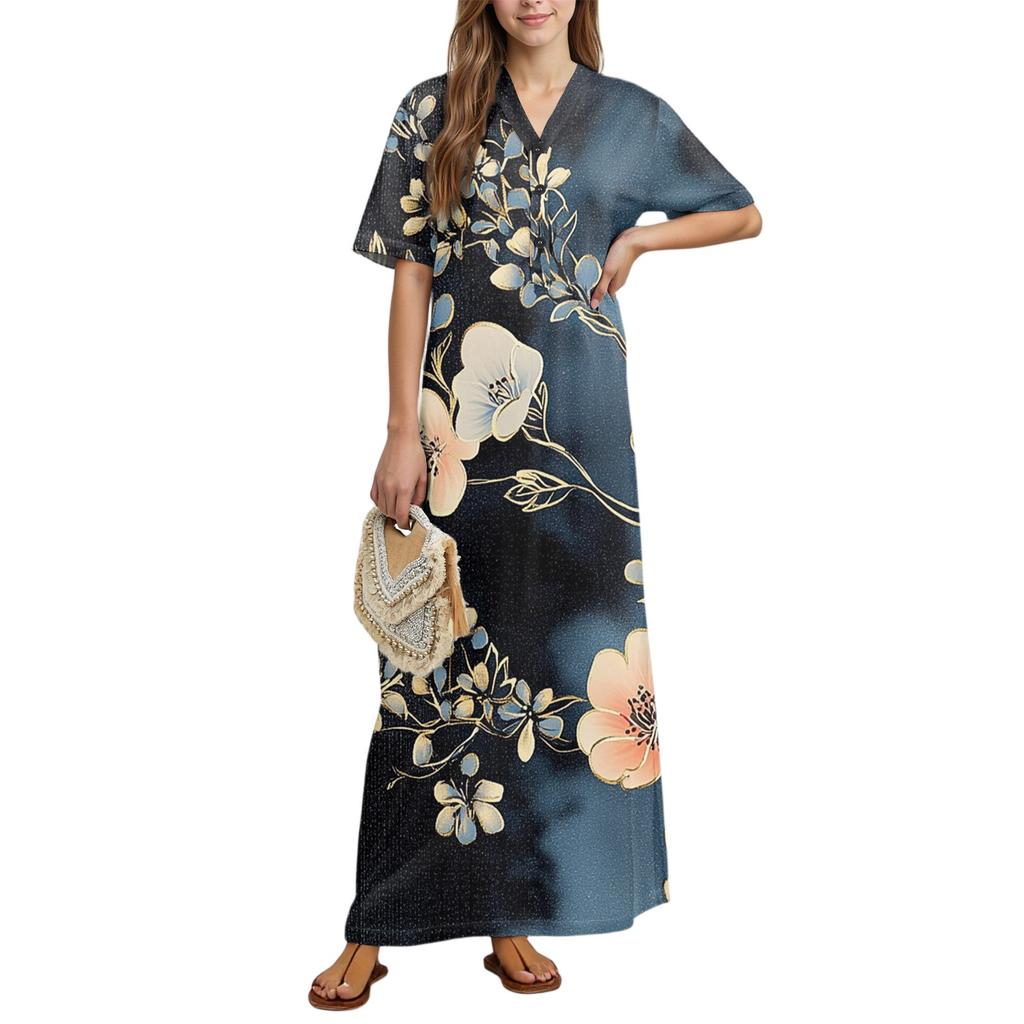 Damenmode Bedrucktes Nachthemd Hauskleidung Kurzarm-Nachthemd mit Taschen Langes Kleid