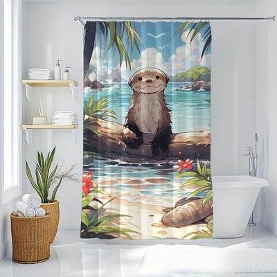 1 Piece Shower Curtain Set - Cute Otter Digital Print Art Pattern, Polyester Fabric with Hooks, Shower Curtain Decoration