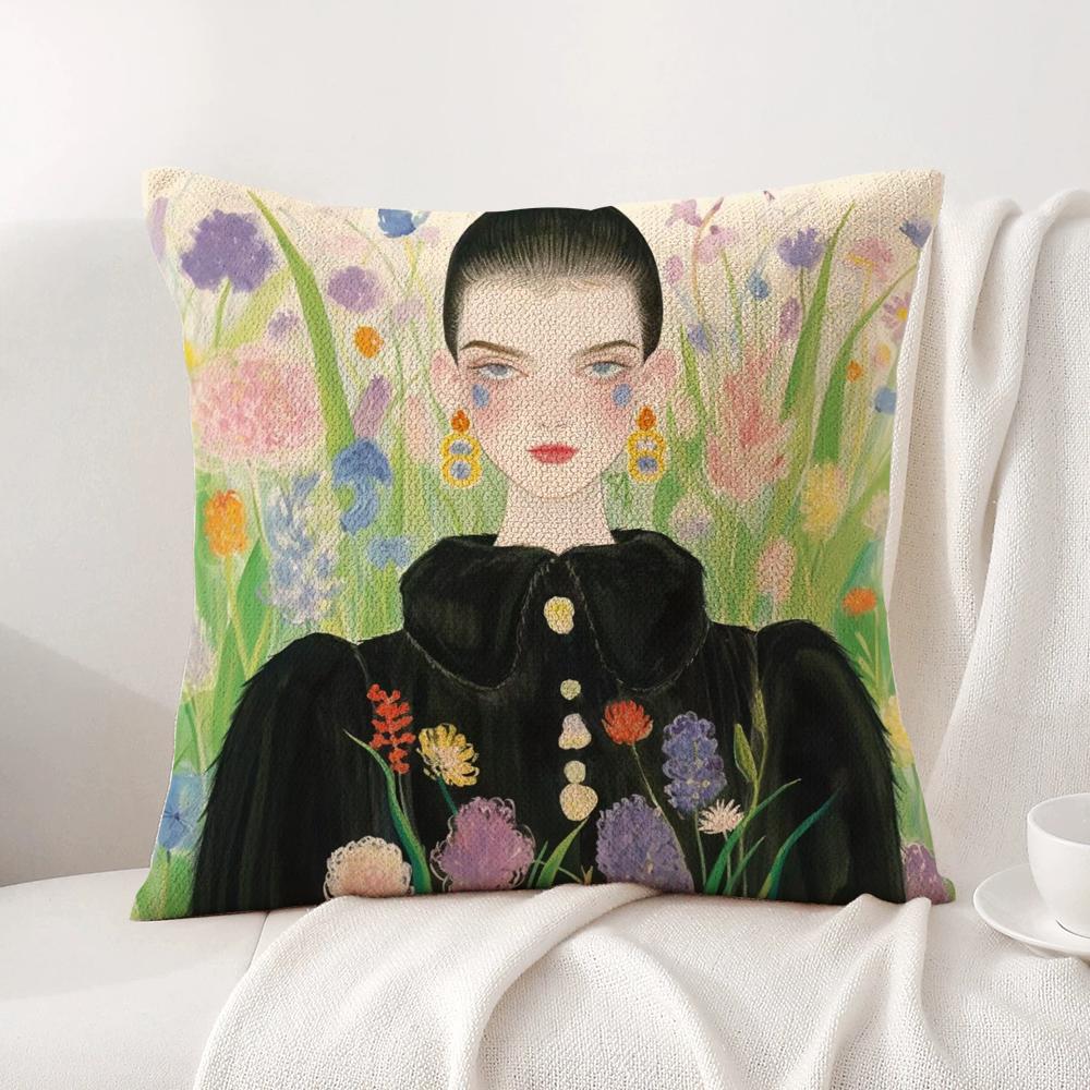Fashion Illustration Cushion Cover Natural Linen Organic Fabric DoubleSided Printing Sofa Home Decor Breathable Bed Pillow