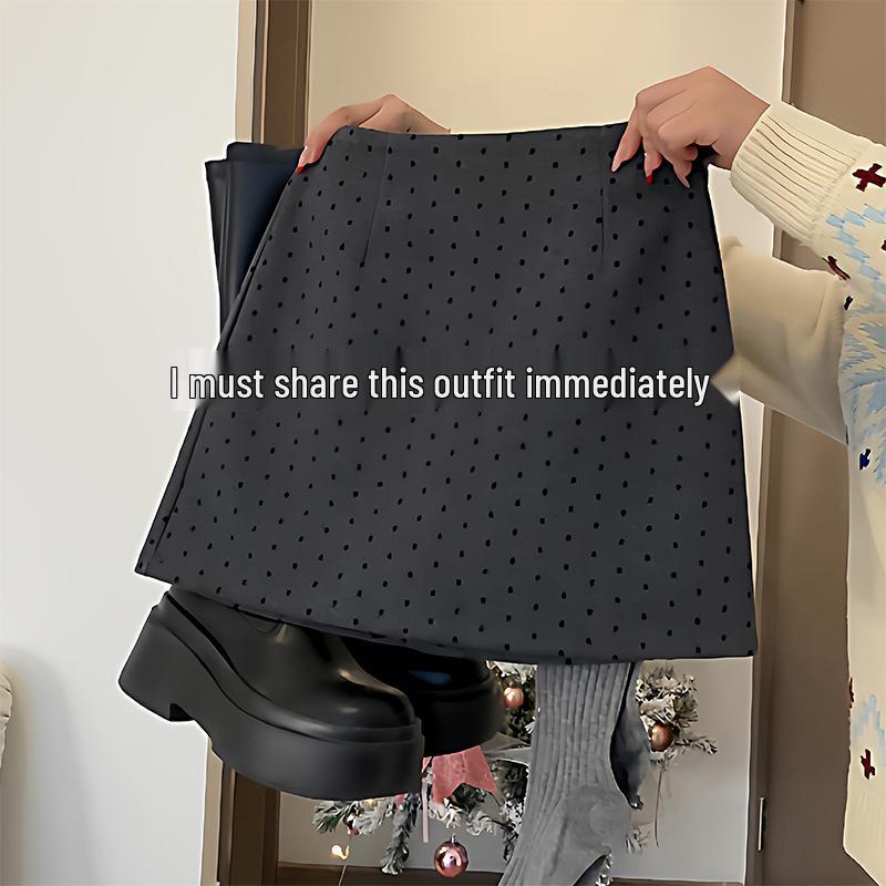 High-Waisted Polka Dot Woolen A-Line Skirt - Petite Slimming Short Skirt for Women, Spring/Autumn 2026 S темно-серого