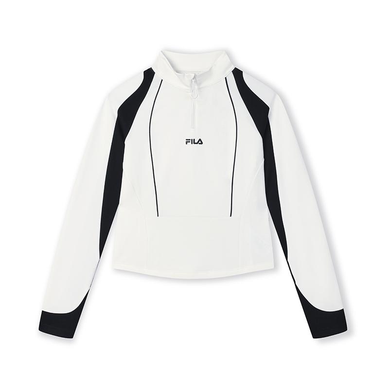 Fila Fitted Short Zip Neck Knit Long Sleeve T-Shirt Women Tops Cloud-Mushroom-White F11W519210FWT