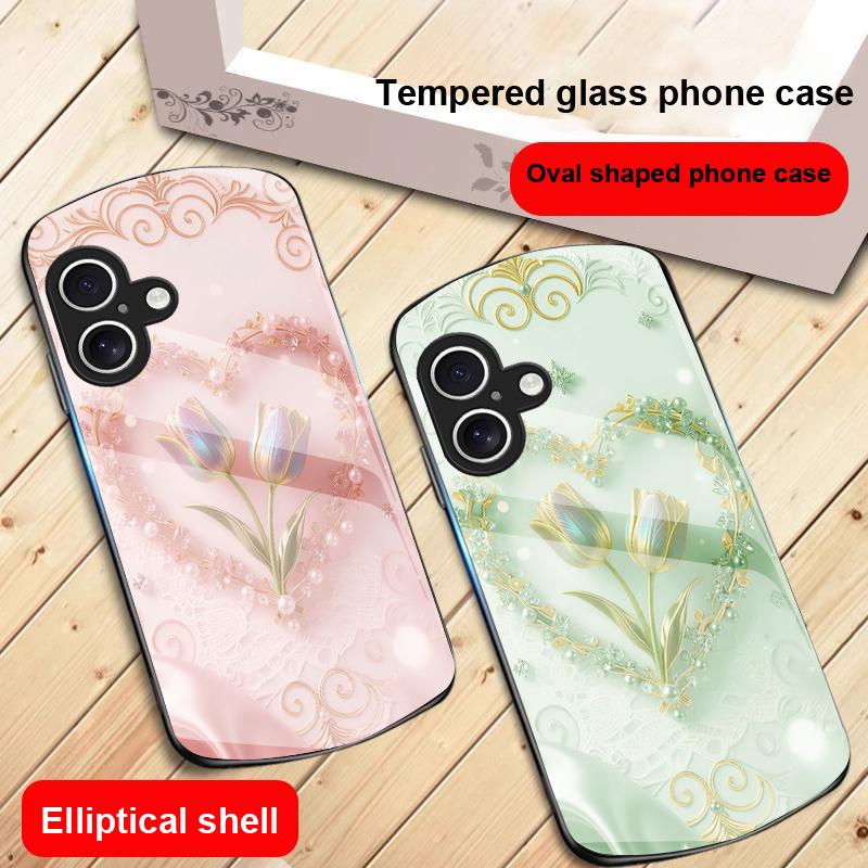 Love's Pink Purple Tulip For iPhone 17 16 15 14 13 Plus 12 Mini 11 Pro Max XR Xs Max X 7 8 6S 22 20 Elliptical Glass Phone Case