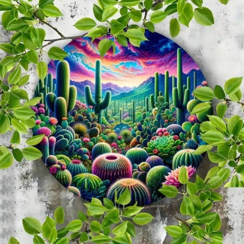 Metal Wall Art Desert Cactus Decor Round Sign Home Living Room