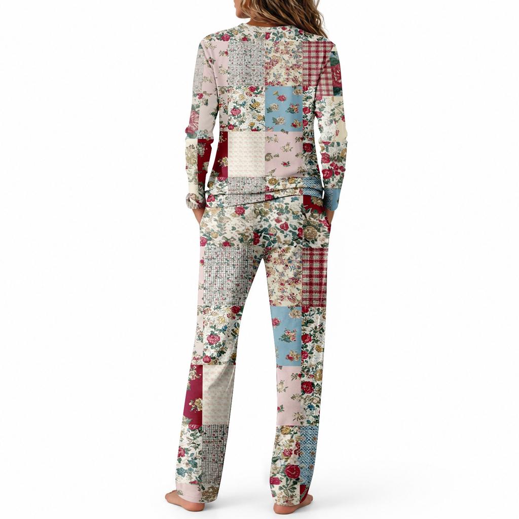 Women's Long Sleeve Round Neck Drawstring Wide Leg Pajama Set for Casual and Sleepwear