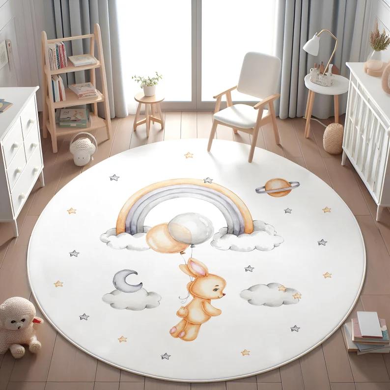 

Cozy Spring Floral Meadow Round Rug Cat Book Sunbeam Design Non Slip Carpet for Bedroom Living Room Reading Room Floor Decor 80cm