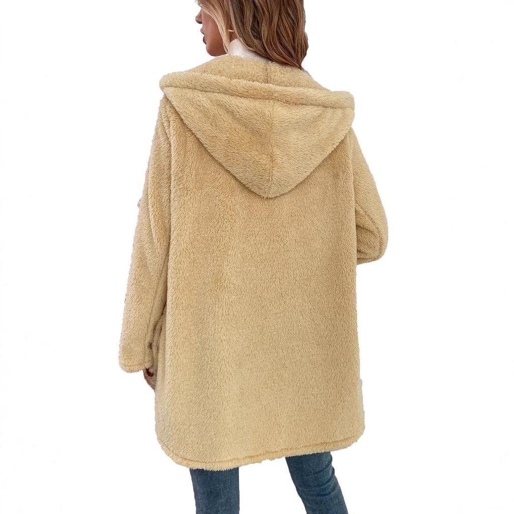 Hooded Coat: Women's Plush Irregular Button Solid Color - 77 Available