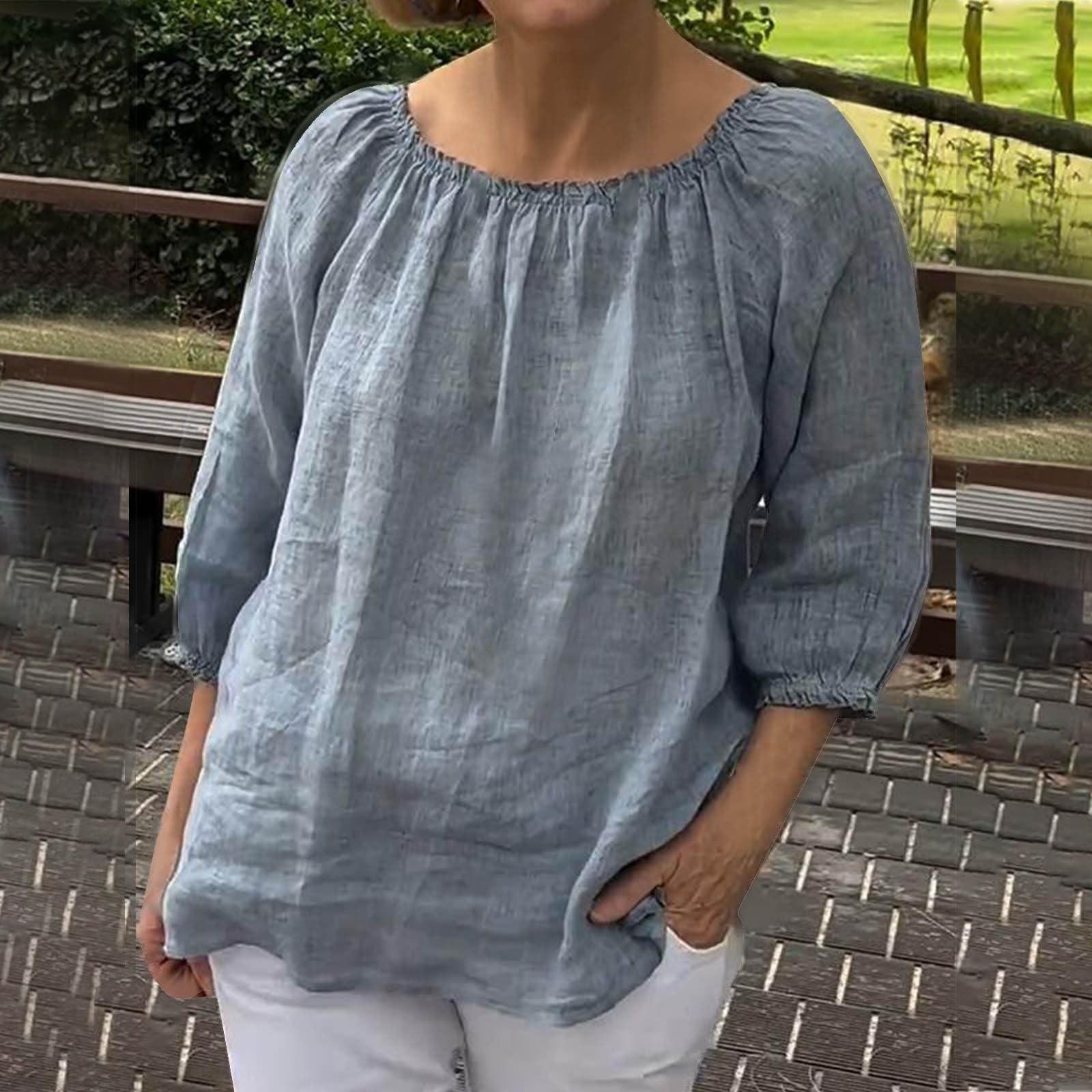 Женский свободный однотонный повседневный топ из хлопка и льна с круглым вырезом — фото 7