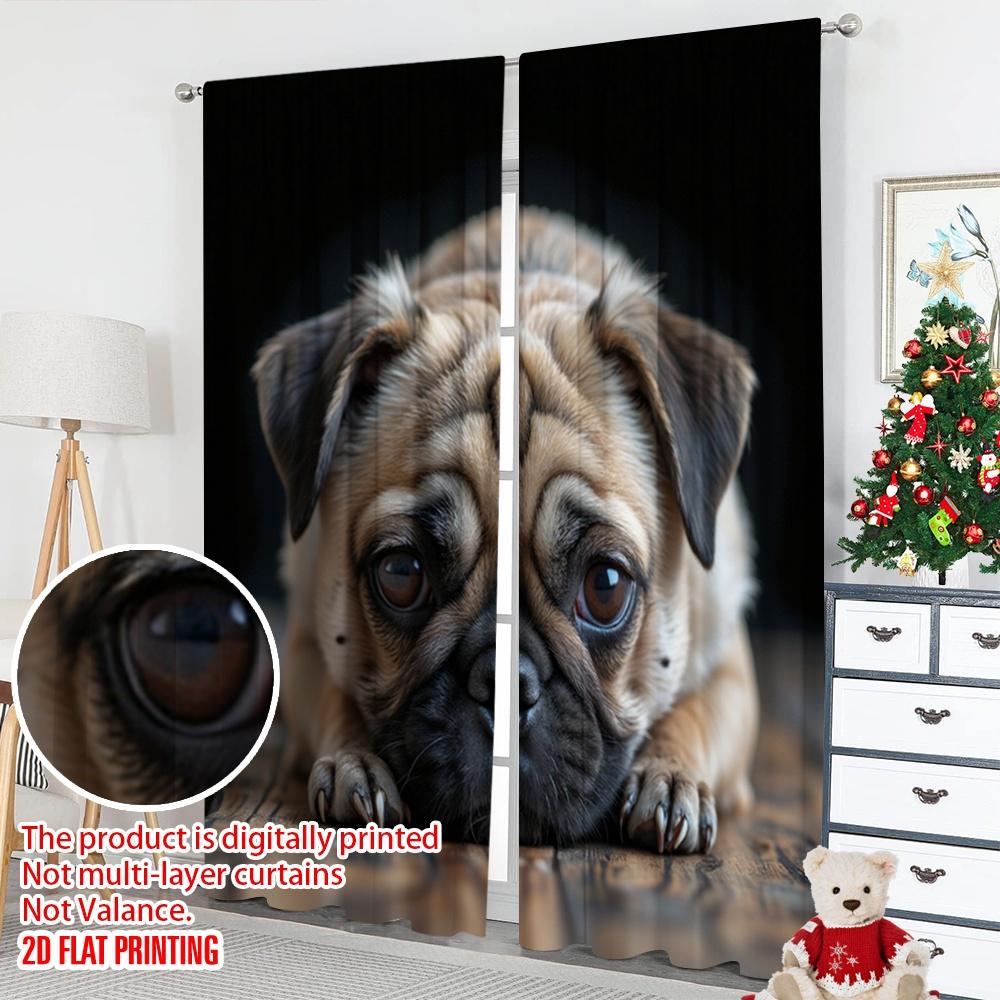 Flat Printing Window Treatment Curtains Cute Pug Puppy Portrait Digital Printed Polyester Drapes Family Party Decoration Curtain Set Of 2 Made