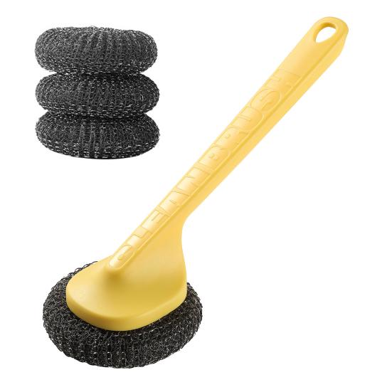 Pot Brush with Steel Ball Head Anti-Slip Grip Hanging Hole Long Handle Dishes Scrubber Kitchen Cleaning Tool