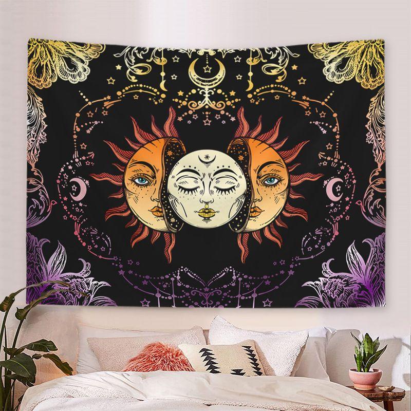 Rainbow Tri-Color Sun Moon Face Tapestry, Vibrant Wall Hanging Background Cloth for Bohemian Living Room Decor