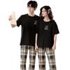 Summer Couple Pajamas Set: Women's Short Sleeve Plaid Top with Long Pants, Pure Cotton Casual Sportswear, Men's Plus Size, Spring/Summer Collection.