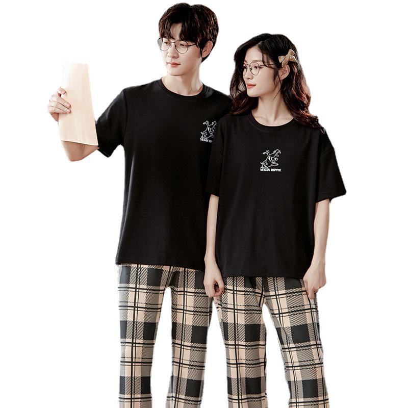 Summer Couple Pajamas Set: Women's Short Sleeve Plaid Top with Long Pants, Pure Cotton Casual Sportswear, Men's Plus Size, Spring/Summer Collection.