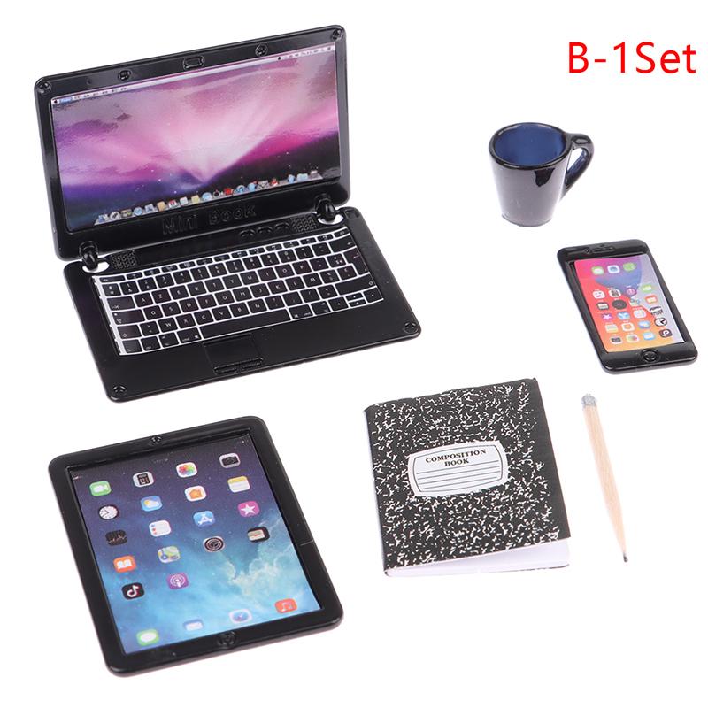 1:12 Dollhouse Miniature Laptop Phone Tablet Desk Lamp Book Desk Set Decor Toy