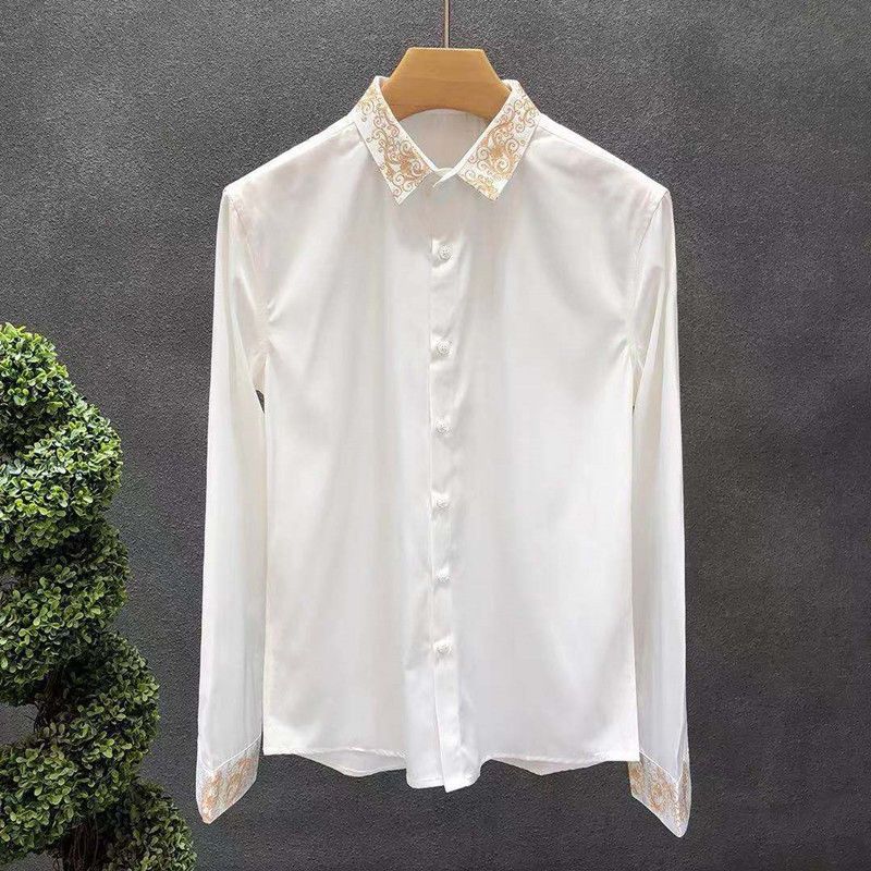 Men's Embroidered Stretch Shirt Men's Long Sleeve New Fashion Slim Fit Versatile Shirt