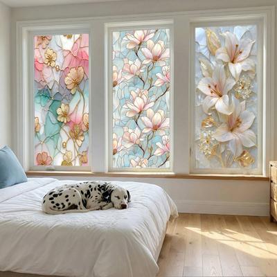 Floral Window Privacy Film Removable Static Cling Privacy Protection Film Decorative Waterproof Window Film for Home Bathroom Kitchen