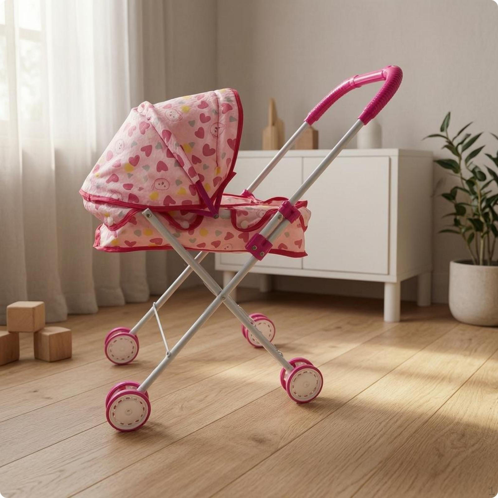 Foldable Doll Carriage Textile Seat Pretend Play Pushchair Lightweight for Children S Wheel Heart