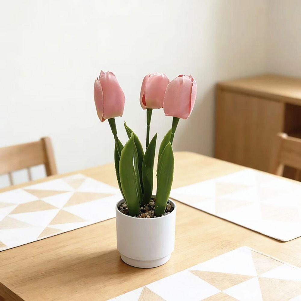 3/5 Heads Artificial Tulip Flower Bonsai Multicolor White Flowerpot Simulation Flower Bonsai Photo Props Faux Flower Potted Gift
