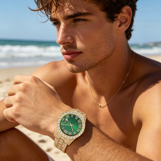 Orologio Bracciale Moda Uomo Orologio Analogico al Quarzo con Calendario Giorno Bracciale con Strass Orologio da Polso Regalo per Marito Fidanzato
