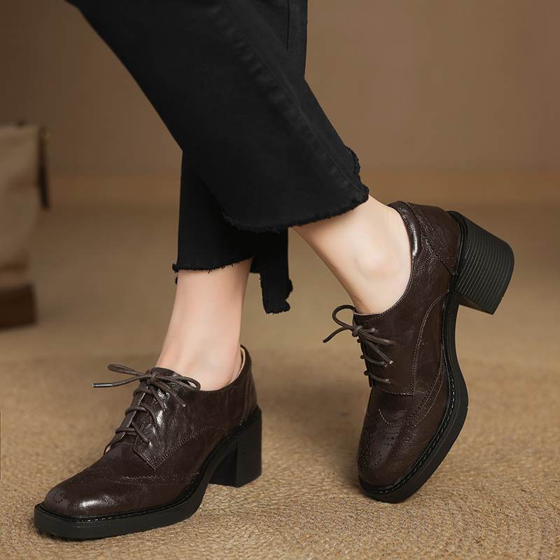Krazing Pot Sheepskin Autumn Winter Shoes Lace Up Chunky Heels Oxford Shoes Size 43 Round Toe Deep Mouth Pumps