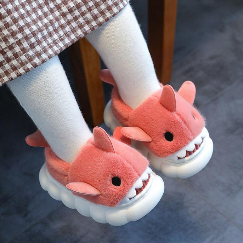 1 Pair Youngsters' Shark Plush Slippers - Soft Fleece-Lined Slip-On Indoor/Outdoor House Shoes with Cartoon Shark Design, Non-Slip PVC Sole
