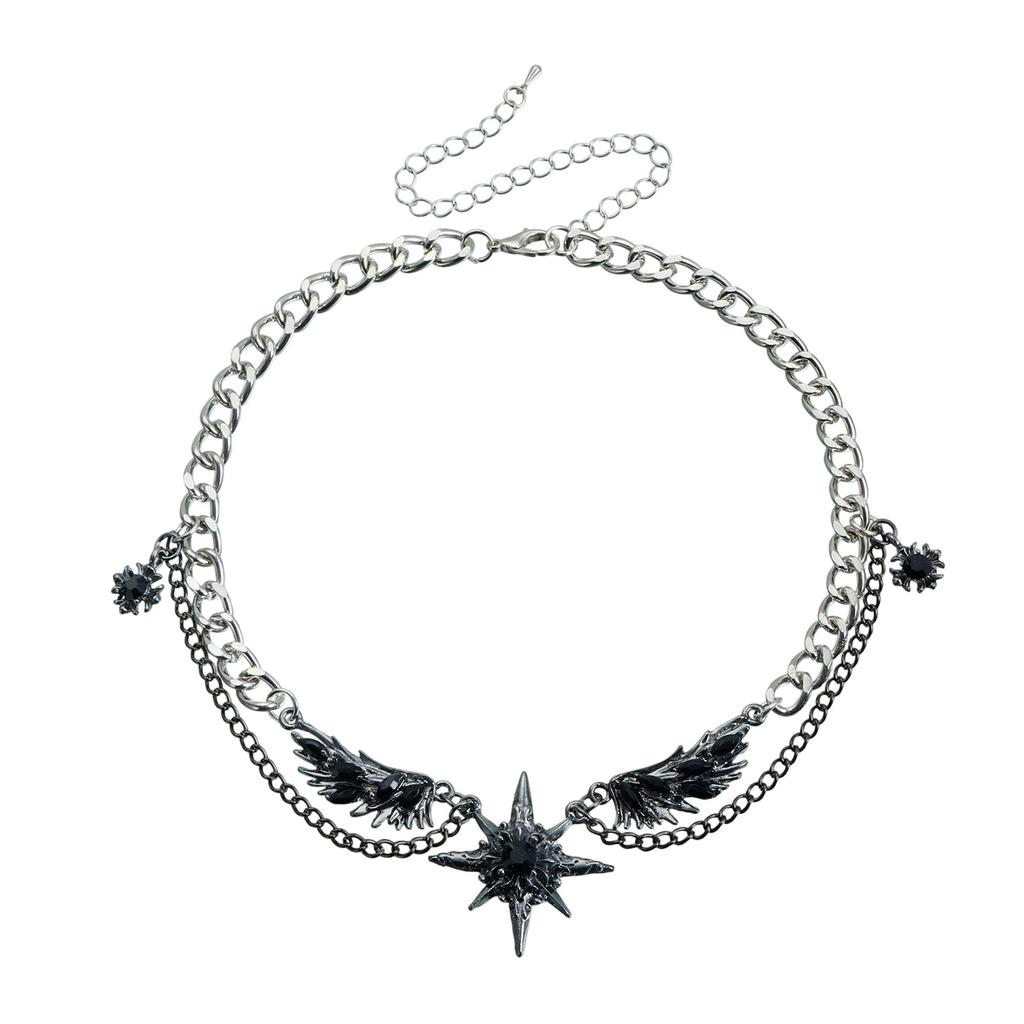Dark Girl Chain Necklace With Winged Star Pendant, A Sweet And Cool Personalized Women's Jewelry