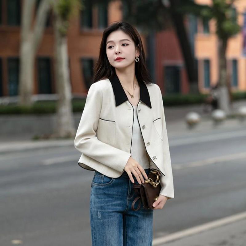 Blazer Feminino Curto Chique com Gola Lapela Mistura de Algodão Roupa de Outono Petite