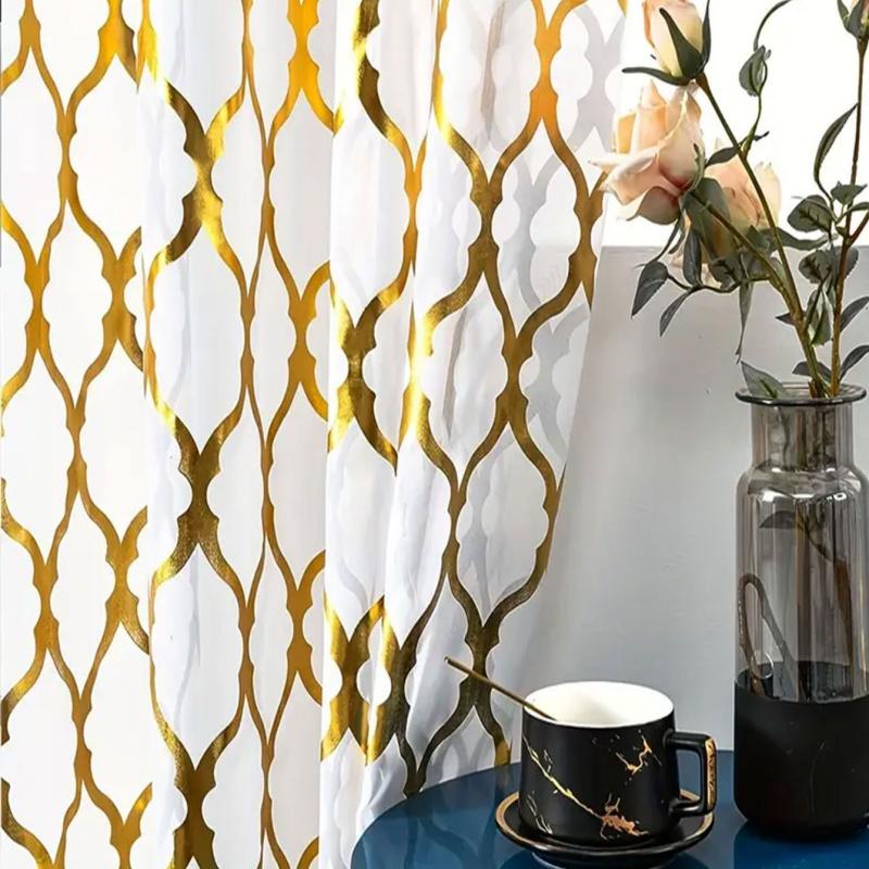 Geometric Gold Foil Sheer Curtains – Set of 2 Panels, Semi-Blackout, Light Filtering Window Curtains