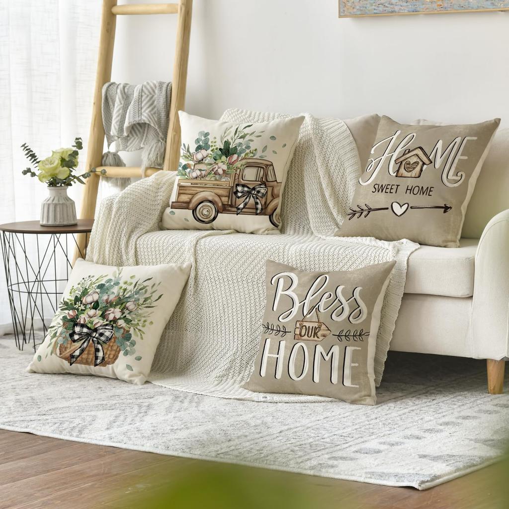 4 Pcs Double Sided Farmhouse Cushion Covers, Eucalyptus Cotton Truck Home Quote Rustic Throw Pillow Cases (No Inserts)