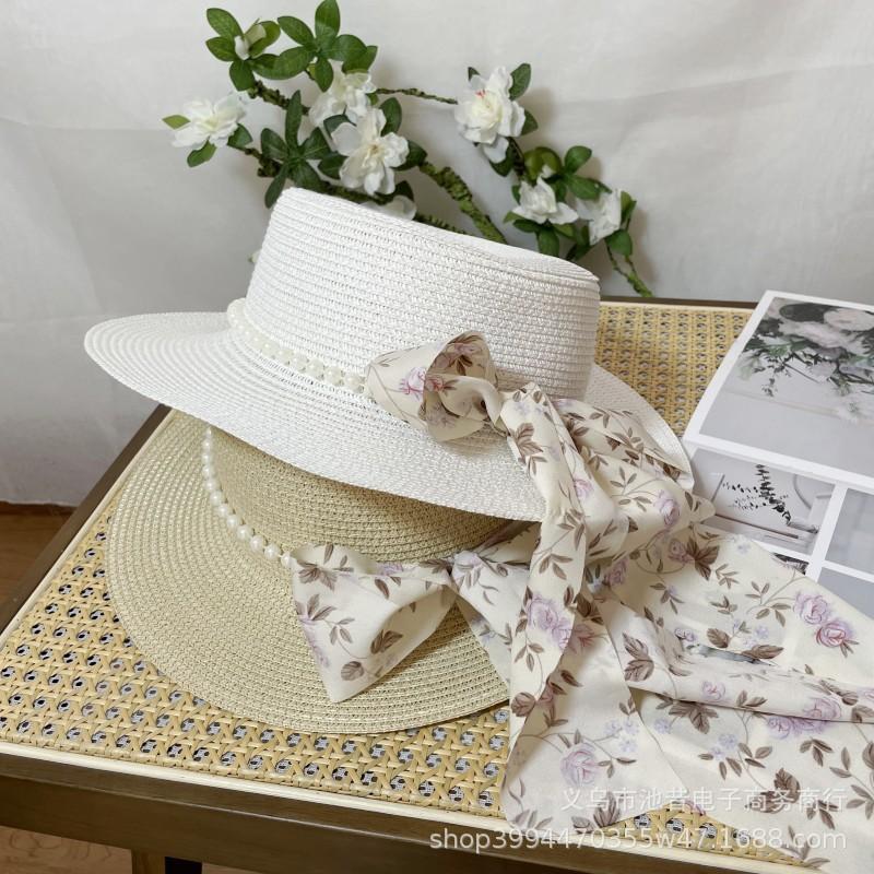 Pearl Bow Floral Strap Straw Hat Women's Summer Travel Beach Sunshade Sun Protection Versatile Flat Top Wide Edge Sun Hat