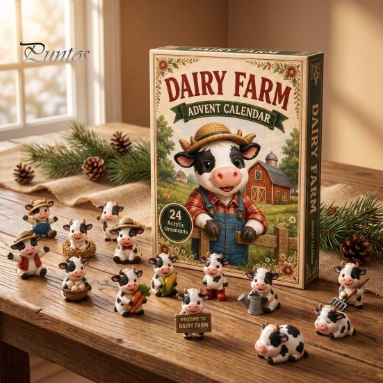 24-Tage-Countdown-Box Hochlandrind Adventskalender 2026, Weihnachten mit Acryl 2D Rinderliebhaber Geschenk Mini-Figur, Bauernhoftier Baumhänge-Dekoration für