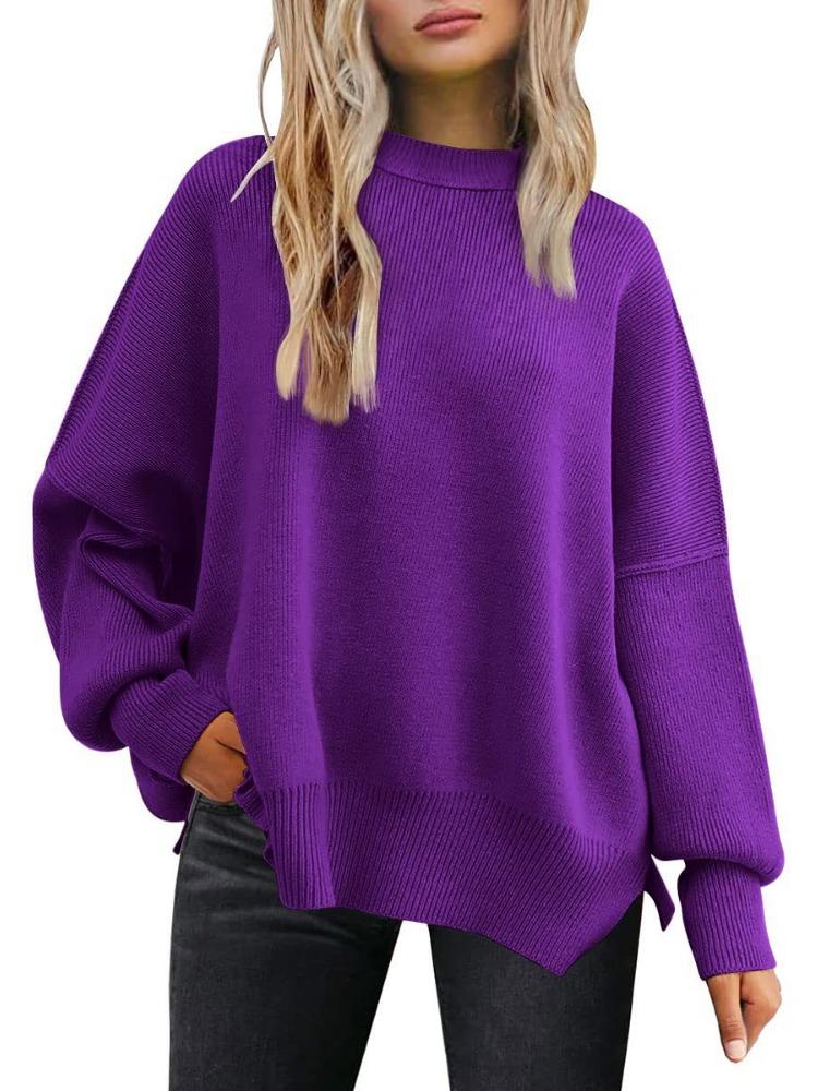 Women's Round Neck Batwing Sleeve Long Sleeved Ribbed Knit Sweater with Side Slit Pullover Luxurious Relaxed-fit Slimming and Versatile Top